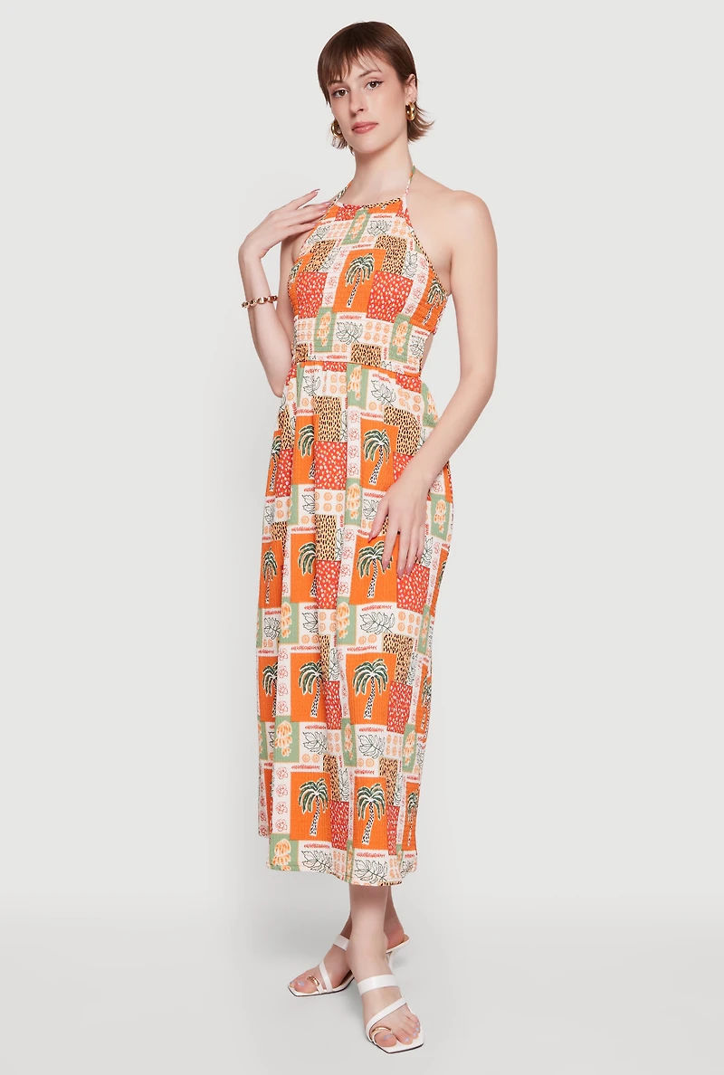 Palm Tree Print Tie Back Halter Dress with Keyhole