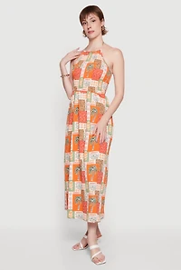 Palm Tree Print Tie Back Halter Dress with Keyhole