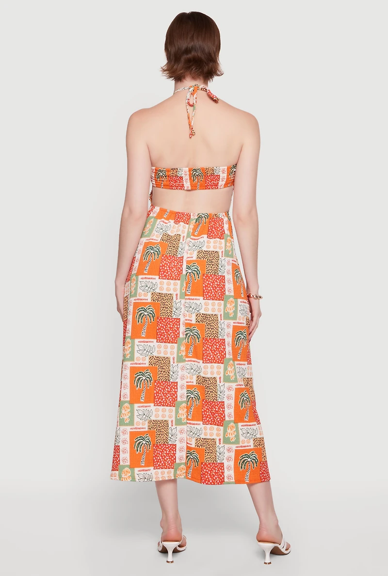 Palm Tree Print Tie Back Halter Dress with Keyhole