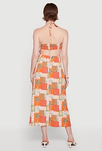 Palm Tree Print Tie Back Halter Dress with Keyhole