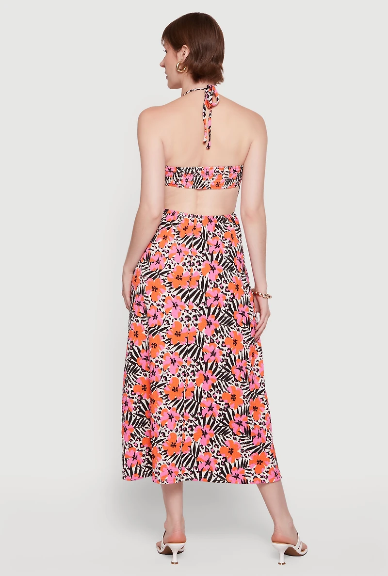 Floral Animal Print Textured Knit Halter Maxi Dress