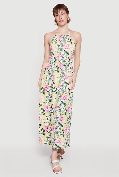 Floral Lemon Print Tie Back Halter Dress with Keyhole