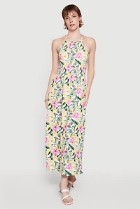 Floral Lemon Print Tie Back Halter Dress with Keyhole