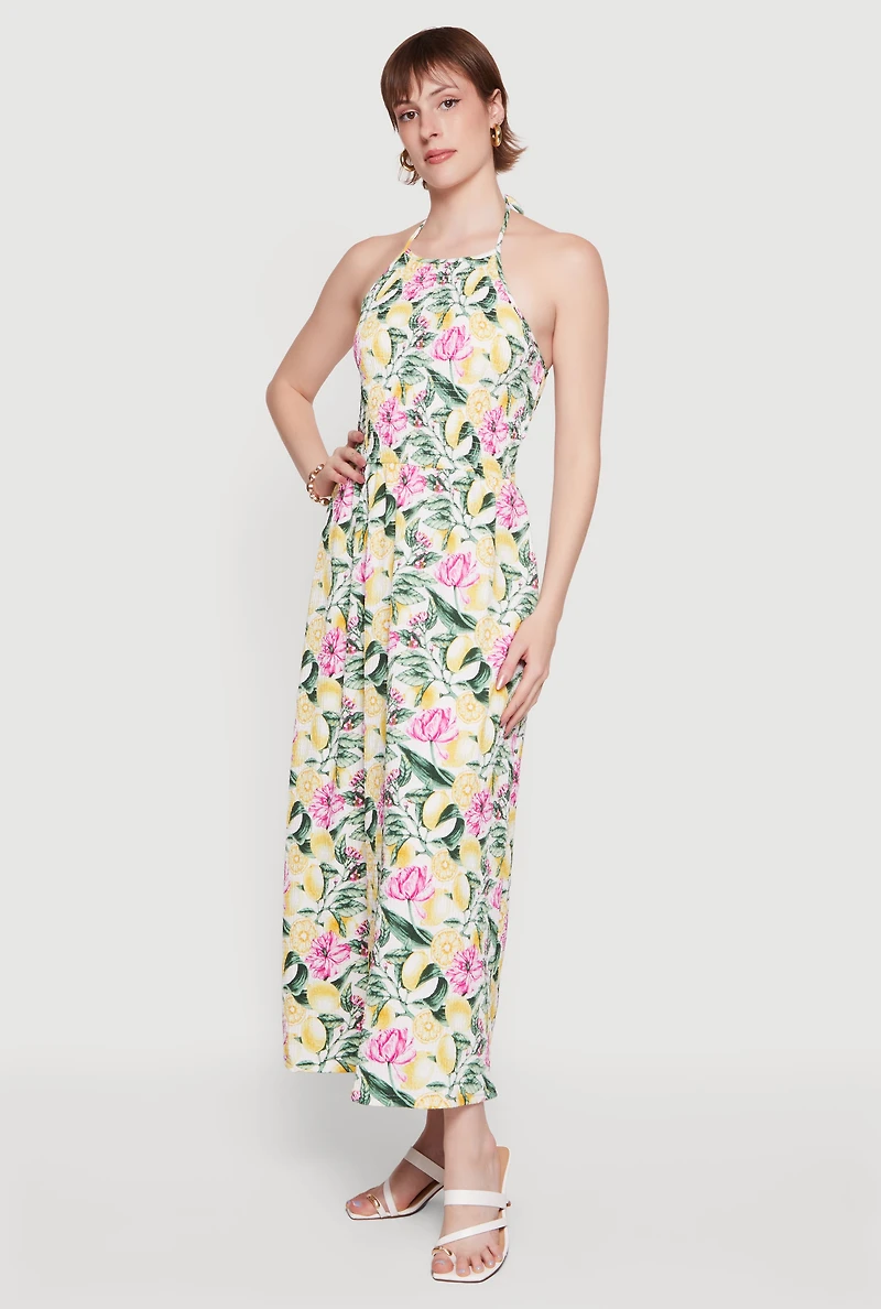 Floral Lemon Print Tie Back Halter Dress with Keyhole