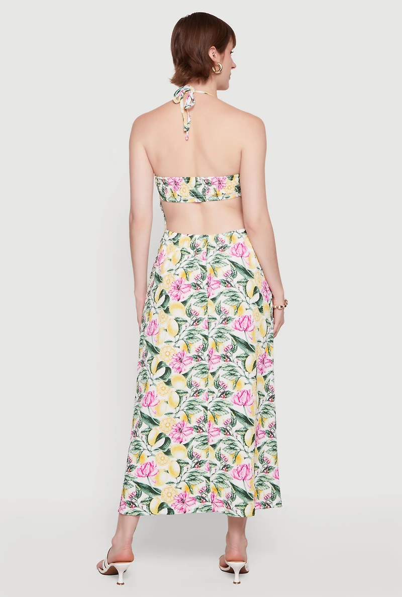 Floral Lemon Print Tie Back Halter Dress with Keyhole
