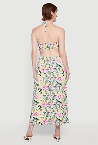 Floral Lemon Print Tie Back Halter Dress with Keyhole