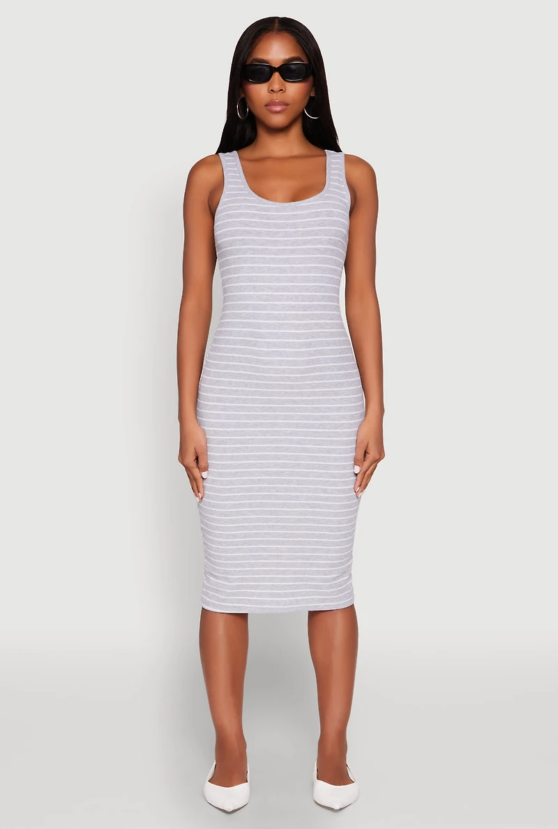 Womens Striped Scoop Neck Midi Dress, Grey, Size M