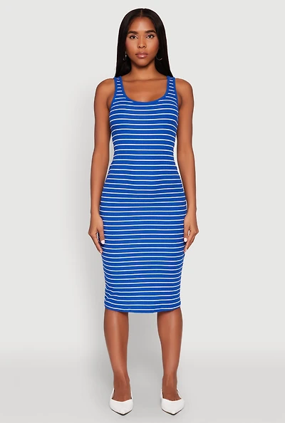 Womens Striped Scoop Neck Midi Dress, Blue, Size S