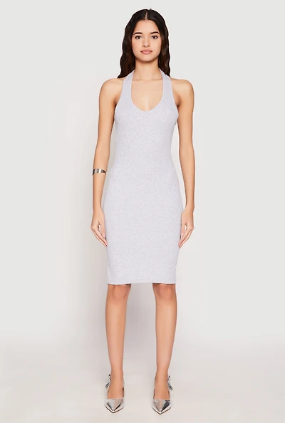 Womens Ribbed Knit Halter Midi Dress, Grey, Size S