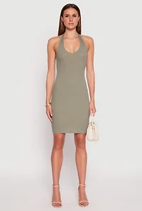 Womens Ribbed Knit Halter Midi Dress,