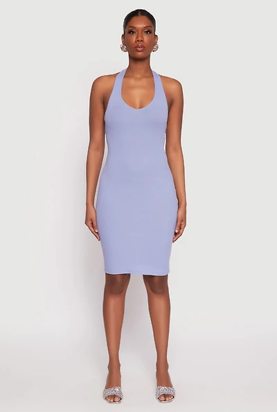 Womens Ribbed Knit Halter Midi Dress, S