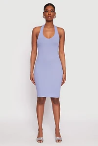 Womens Ribbed Knit Halter Midi Dress, S