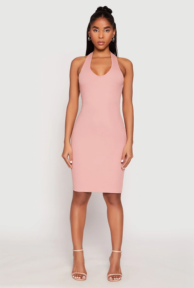 Womens Ribbed Knit Halter Midi Dress, Pink, Size S