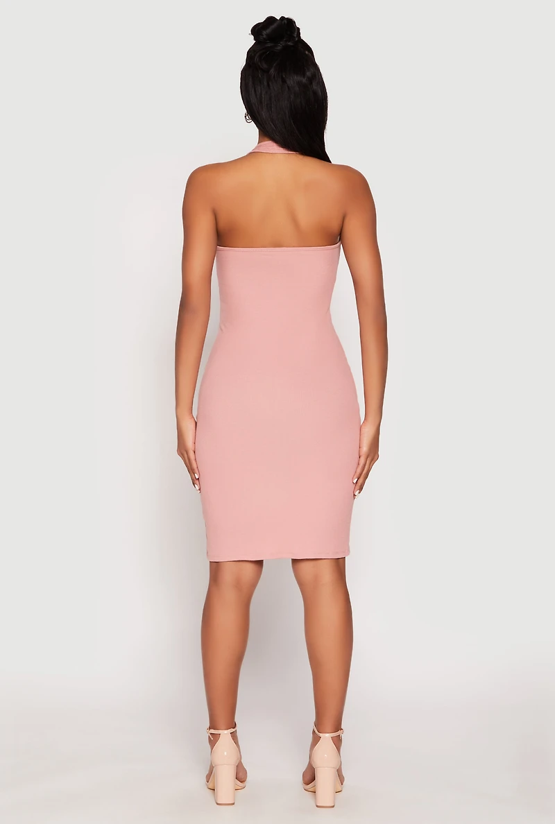 Womens Ribbed Knit Halter Midi Dress, Pink, Size S