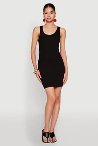 Womens Rib Knit Scoop Neck Tank Mini Dress, Black, Size M