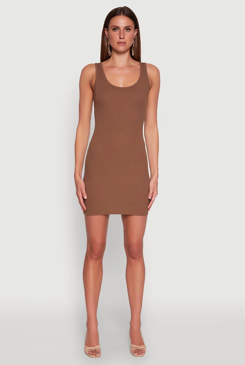 Womens Rib Knit Scoop Neck Tank Mini Dress, Brown,