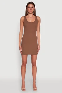 Womens Rib Knit Scoop Neck Tank Mini Dress, Brown,