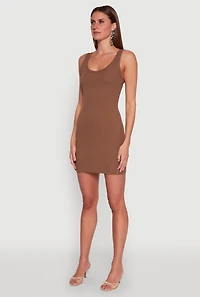 Womens Rib Knit Scoop Neck Tank Mini Dress, Brown,