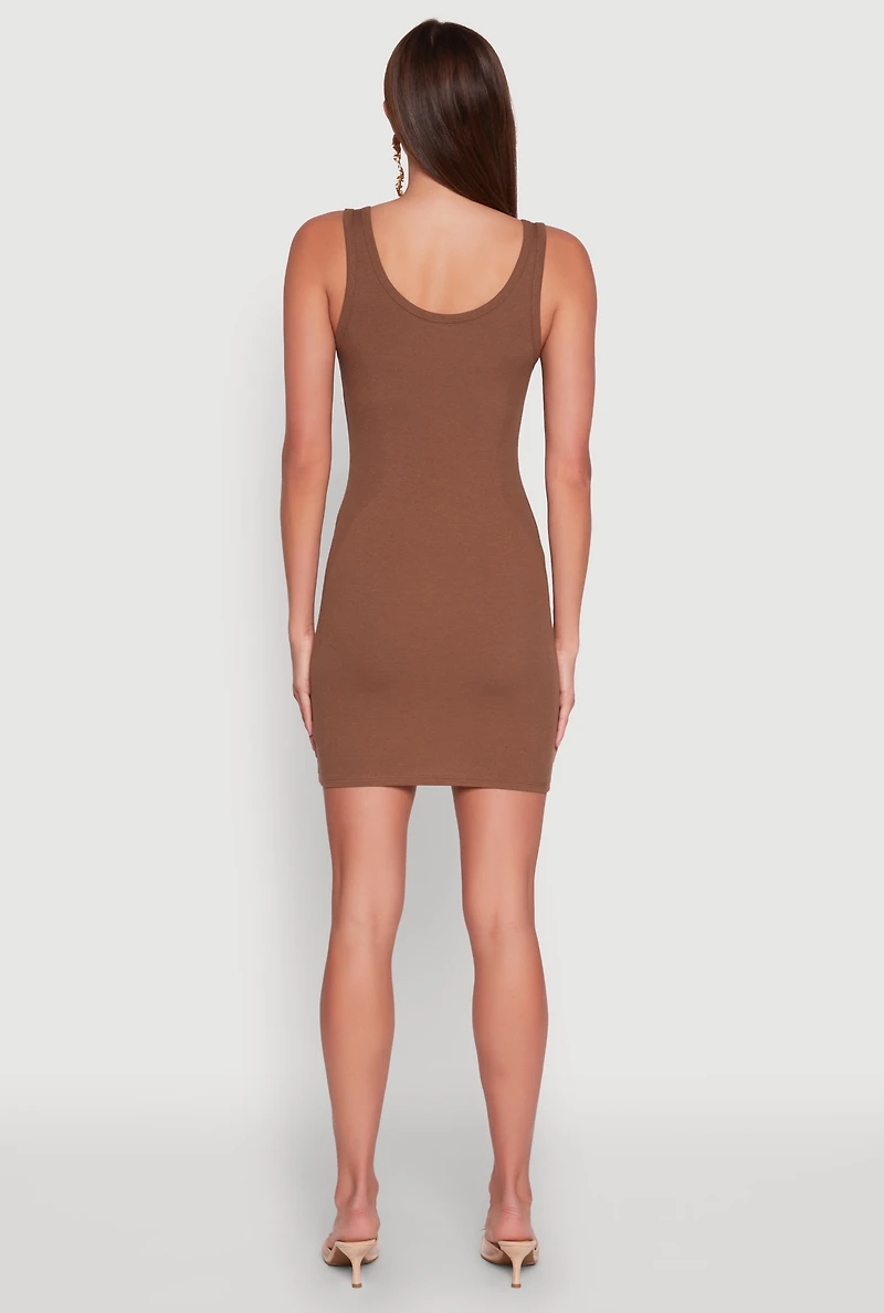 Womens Rib Knit Scoop Neck Tank Mini Dress, Brown,