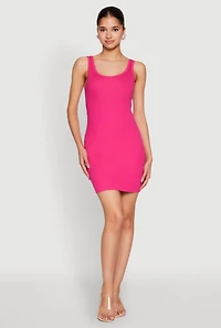 Womens Rib Knit Scoop Neck Tank Mini Dress, Pink, Size M
