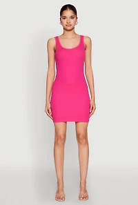 Womens Rib Knit Scoop Neck Tank Mini Dress, Pink, Size L