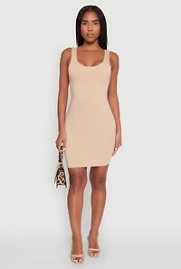 Womens Scoop Neck Mini Tank Dress, Beige, Size M
