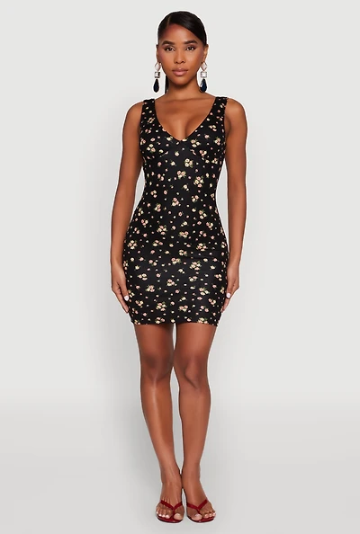 Womens Floral Print Bustier Tank Dress, Black, Size S