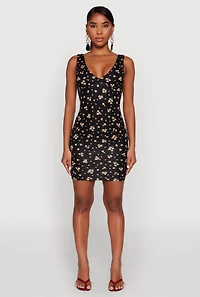 Womens Floral Print Bustier Tank Dress, Black, Size S