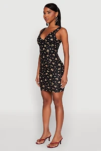 Womens Floral Print Bustier Tank Dress, Black, Size S