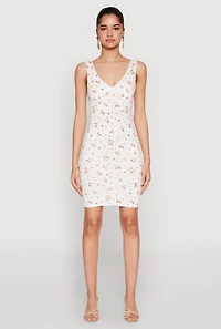 Womens Floral Print Bustier Tank Dress, White, Size S
