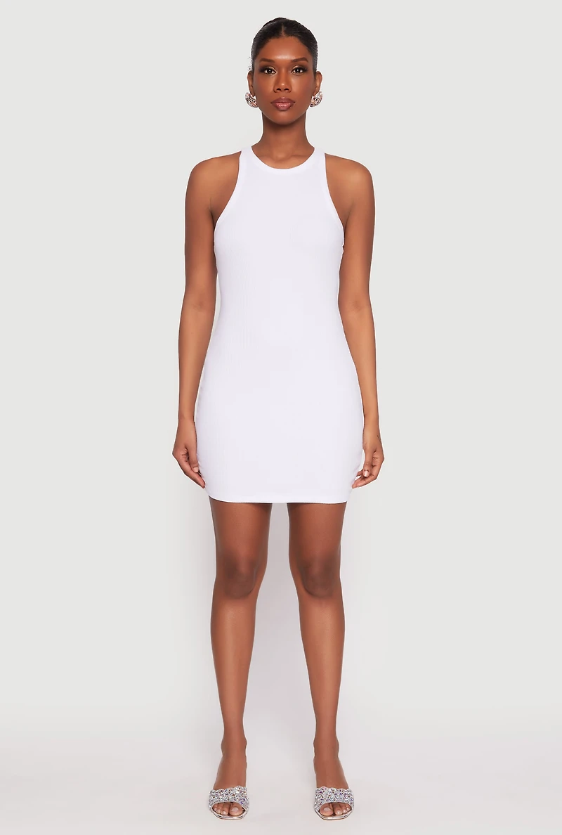 Womens Crew Neck Mini Racerback Tank Dress, White, Size M
