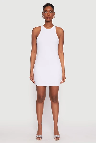 Womens Crew Neck Mini Racerback Tank Dress, White, Size M