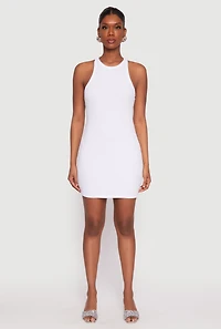 Womens Crew Neck Mini Racerback Tank Dress, White, Size M