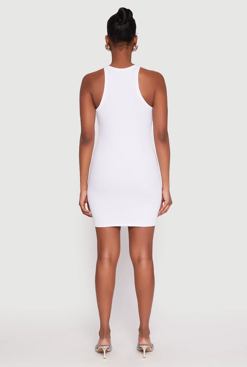 Womens Crew Neck Mini Racerback Tank Dress, White, Size M