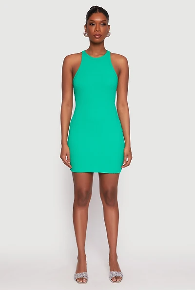 Womens Crew Neck Mini Racerback Tank Dress, Green, Size S