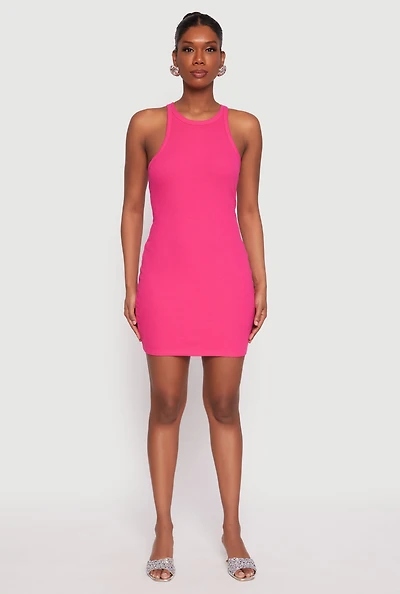 Womens Crew Neck Mini Racerback Tank Dress, Pink,