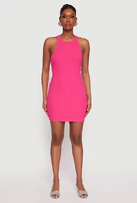 Womens Crew Neck Mini Racerback Tank Dress, Pink,