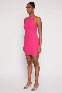 Womens Crew Neck Mini Racerback Tank Dress, Pink,