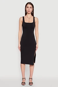 Womens Square Neck Side Slit Midi Dress,