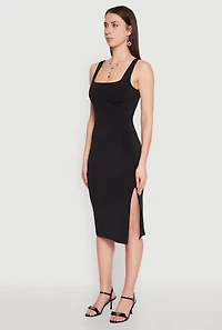 Womens Square Neck Side Slit Midi Dress, L