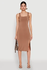 Womens Square Neck Side Slit Midi Dress, Brown, Size L