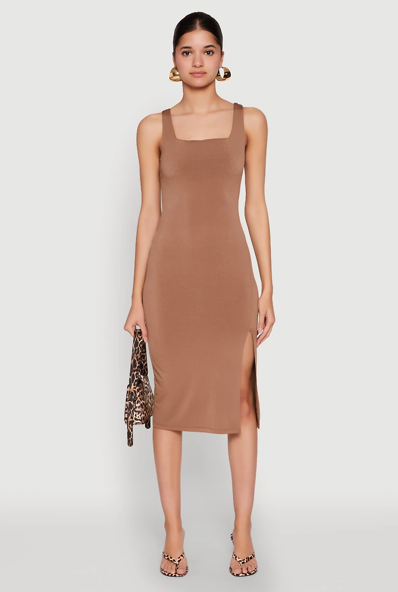 Womens Square Neck Side Slit Midi Dress, Brown, Size M