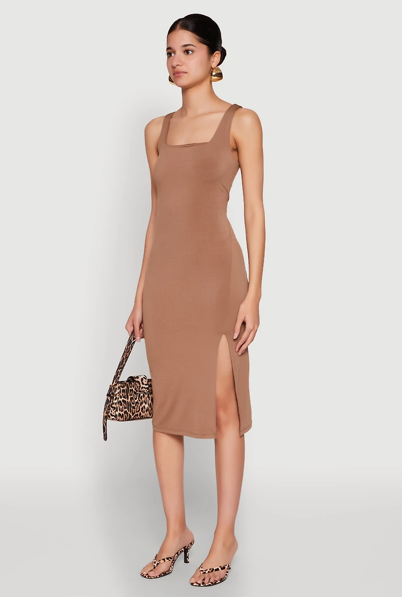 Womens Square Neck Side Slit Midi Dress, Brown, Size M
