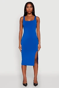 Womens Square Neck Side Slit Midi Dress, Blue, Size S