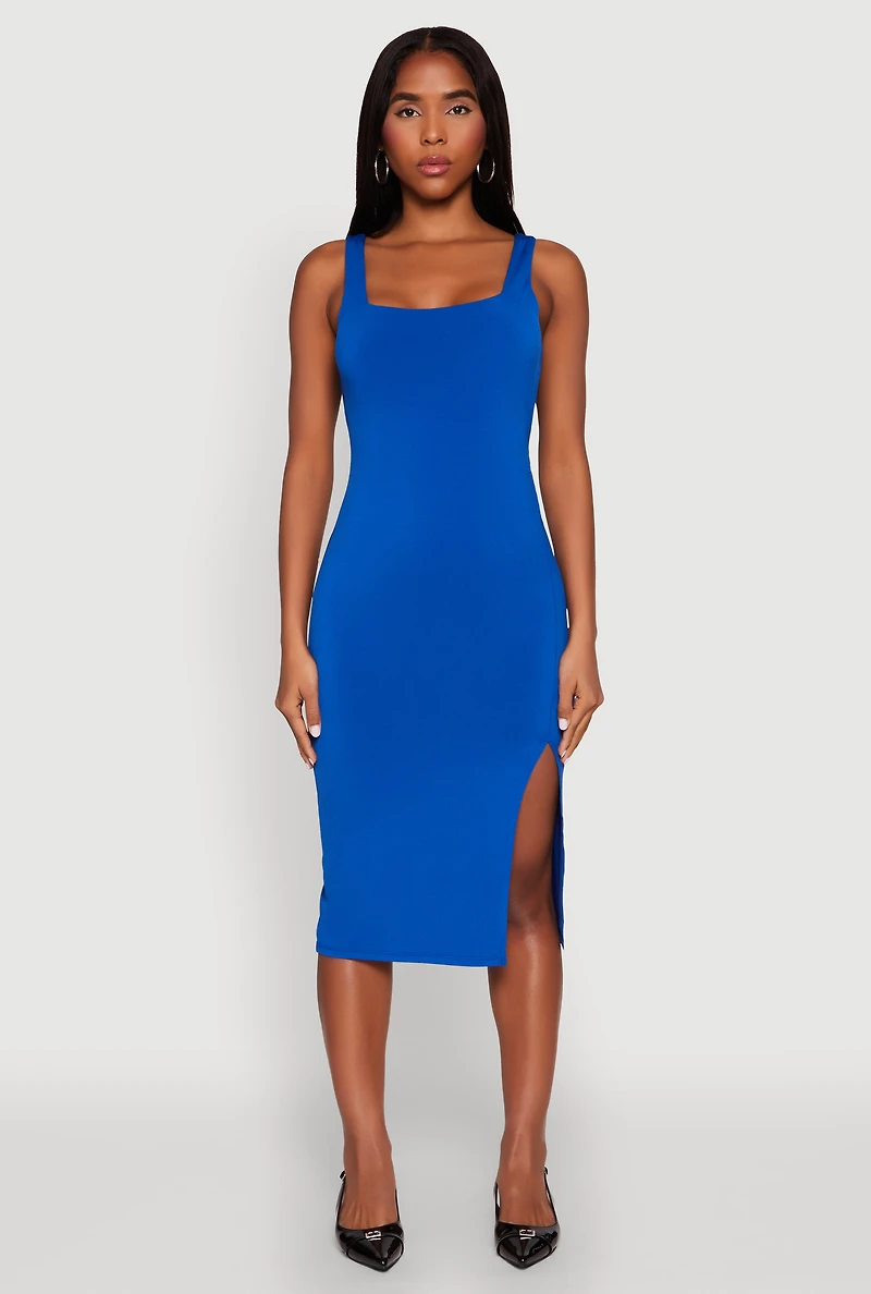 Womens Square Neck Side Slit Midi Dress, M