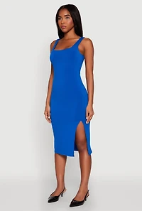 Womens Square Neck Side Slit Midi Dress, Blue, Size S