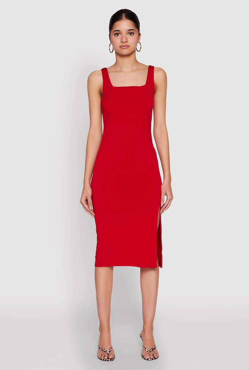 Womens Square Neck Side Slit Midi Dress, Red, Size M