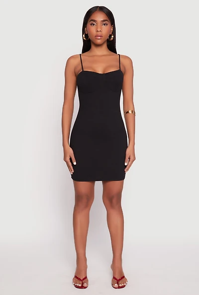 Womens Ribbed Knit Bustier Cami Mini Dress, Black, Size S