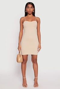 Womens Ribbed Knit Bustier Cami Mini Dress, Beige,