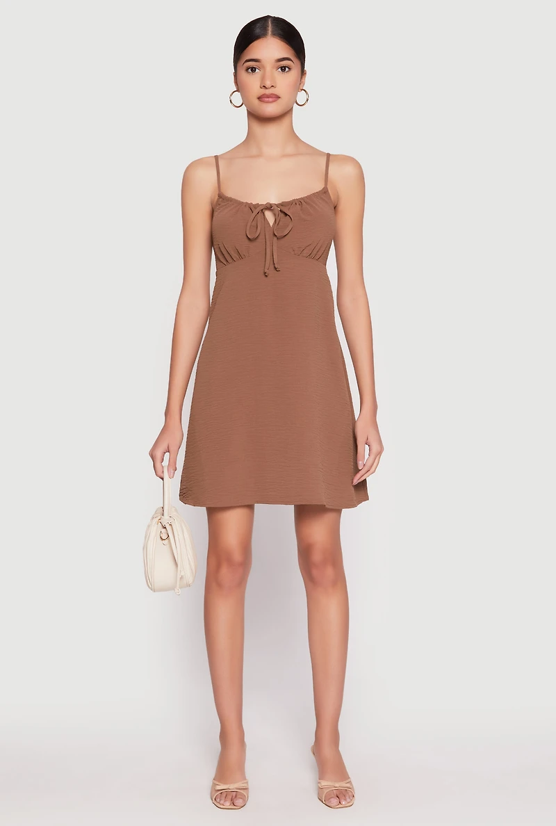 Womens Tie Front Keyhole Cami Dress, Brown, Size S